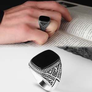 Azuris Turkish 925 Sterling <b>Silver</b> Men's <b>Ring</b> Ottoman Style Fashion Jewelry Natural <b>Stone</b> <b>Black</b> Color Handmade VALKH1353 - Product Image 3