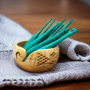 Handcrafted Wooden Yarn Bowl with Turquoise <b>Crochet</b> <b>Hooks</b> Floral Carved Knitting Gift <b>Set</b> Mother's Day or Christmas Gift - Product Image 4