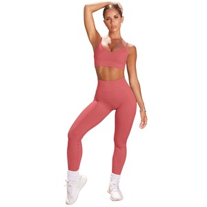 ชุดออกกำลังกายผู้หญิงแบบ 2 ชิ้น เสื้อกล้ามไร้ตะเข็บเอวกลาง ผ้ายืดสแปนเด็กซ์/ไนลอน เป็นมิตรต่อสิ่งแวดล้อม ระบายอากาศได้ดี แห้งเร็ว - Product Image 1