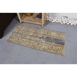 พรมขนสัตว์ตุรกีโบราณเป็นมิตรกับสิ่งแวดล้อมกองขนาดกลางแบบดั้งเดิมสีเบจและสีดำดีไซน์เย็บปะติดปะต่อกัน1.4x3.1ฟุตพร้อมลาเท็กซ์ - Product Image 2