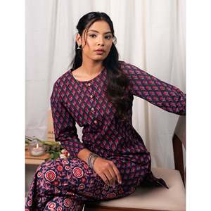 Conjunto coordinado de algodón estampado a mano en azul, Salwar Kameez Butti con diseño único dibujado a mano - Product Image 4
