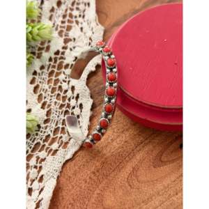 Navajo Handmade <b>Red</b> Coral & Sterling Silver Fashion Cuff <b>Bracelet</b> - Product Image 4
