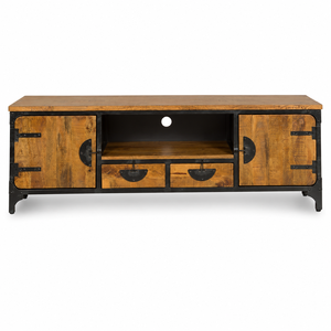 Meuble de salon en bois massif industriel, cadre métallique, portes shaker, 2 tiroirs, 3 étagères, garantie 5 ans, mobilier d'intérieur antique - Product Image 5