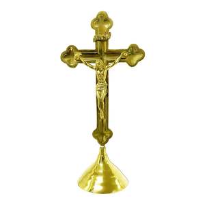 Fabricante de estatua de Cruz de Jesús cristiano de latón con base redonda para decoración del hogar acabado dorado - Product Image 1