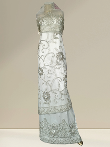 Tissu George nigérian en dentelle filet perlée de pierres florales blanches cristallines, travail manuel, pour foulard africain, automne/hiver/printemps - Product Image 2