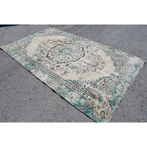 พรมตุรกีโบราณ-ดีไซน์สีเบจและสีน้ำเงิน5.5X9.5ฟุตคลาสสิก - Product Image 2