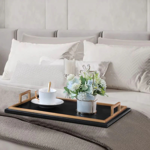 Plateau de service rectangulaire de luxe en métal noir avec poignées dorées plateau de thé café snack moderne pour la décoration de table de maison de cuisine - Product Image 5