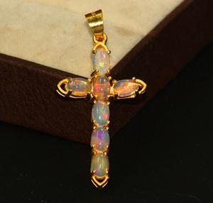 925 Sterling <b>Silver</b> Natural Ethiopian Opal <b>Cross</b> <b>Pendant</b> Charm Bohemian Style High Quality Gold Plated Fashion Jewelry Bulk - Product Image 2