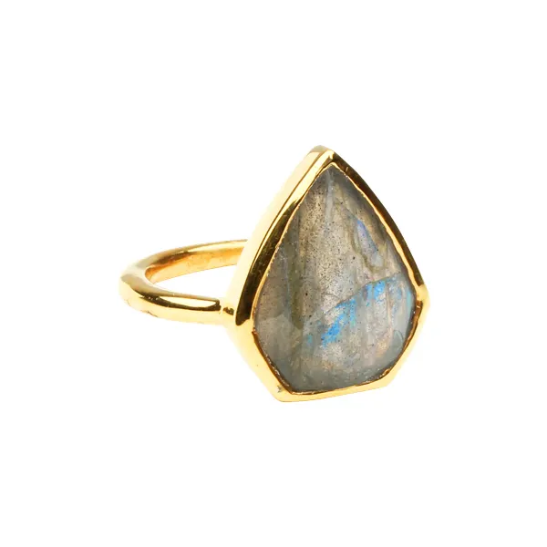 Natural Blue Labradorite Gemstone Size 15x12mm Diamond Shape Gold Vermeil 925 Silver Bezel Set Healing Crystal Gemstone Ring
