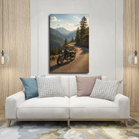 Cadre mural en bois, moto vintage, route en montagne, peinture sur toile, paysage de voyage rétro, décoration intérieure personnalisée