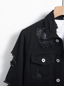 <b>Men</b> Black Ripped <b>Denim</b> <b>Jacket</b> Spring Autumn Street Style Retro Casual Outerwear Trendy Daily Fashion Coat - Product Image 3