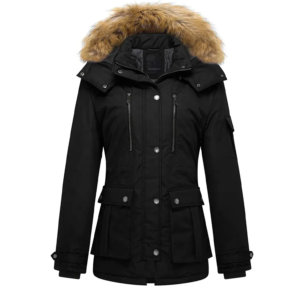 Veste teinte noire fourrure marron personnalisée à capuche nouveautés 2023 Design hiver Parka femmes vestes bouton fermeture Parkas veste