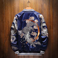 Blouson Bomber en Toile Brodé Double Dragon Phoenix Unisexe Patchwork Printemps Fin Souvenir Enduit Blouson Souvenir Unisexe pour Hommes