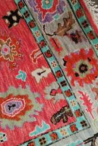 Tapis Oushak rose et vert noué à la main, tapis oriental traditionnel fait à la main-tapis turc authentique pour salon, rustique - Product Image 5