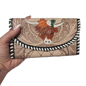 Vintage Style Genuine Leather Women's Bifold <b>Wallet</b> Clutch RFID Feature <b>Zip</b> Hot Seller Tooled Wristlets Western Fashion - Product Image 1