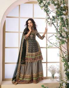 Heavy Embroidered Pakistani Style Butterfly Silk Adult Sharara Suit Hand Aari & <b>Gota</b> Patti Work Party Wear Traditional Style - Product Image 1