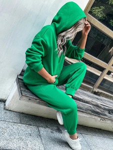 Conjunto Deportivo de Dos Piezas para Mujer, Sudadera con Capucha y Pantalones de Chándal de Felpa de Algodón Liso - Product Image 2