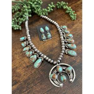 Navajo Handmade Sterling Silver Squash Blossom Necklace <b>Set</b> with Turquoise & Rhinestone Accents - Product Image 4