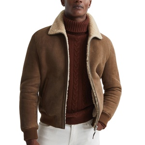 High Quality Men's Genuine Leather <b>Shearling</b> Sheepskin <b>Bomber</b> <b>Jacket</b> Fur Collar Eco-Friendly Windproof Vintage Winter Design - Product Image 1