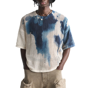 Venta al por mayor 2025 personalizado de los hombres 100% algodón de ganchillo de punto holgado cuello redondo de manga corta suave camisetas estilo Tie Dye camisa Formal - Product Image 1
