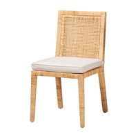 Chaise de salle à manger en rotin naturel avec coussin en coton, assise en osier faite à la main pour les intérieurs traditionnels et anciens