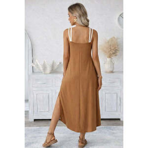 Vestido largo de viscosa con cuello redondo y tirantes para mujer, con bolsillos, 34001 - Café con leche - Product Image 3