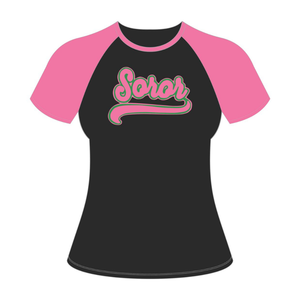T-shirt à manches raglan noir Soror, sororité grecque, t-shirt rose et vert pour femmes, sororité universitaire, vêtements décontractés élégants - Product Image 5