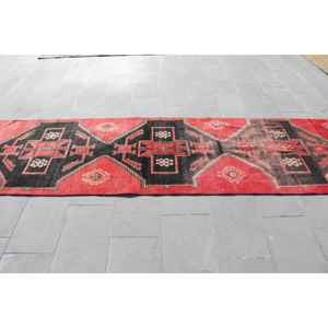 Vintage 3.3x12.4 ft Wool Turkish <b>Runner</b> Rug <b>Red</b> Patchwork Design Eco-Friendly Latex Backing - Product Image 3