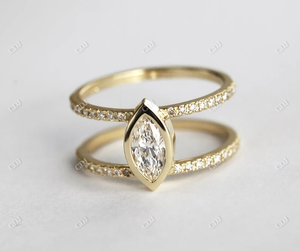 Marquise Moissanite Diamant 14K Or Massif Demi Éternité Double Tige Lunette Ensemble Solitaire Bague De Fiançailles Et De Mariage Femmes Bijoux - Product Image 4