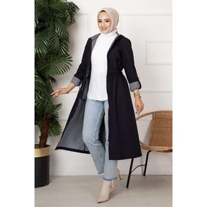 Gabardina de mujer azul marino con cuello alto con cremallera en la cintura túnel Casual Logo bolsillo para todas las estaciones-talla XS - Product Image 2