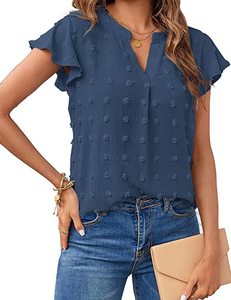 夏の新作 Vネック ラッフルスリーブ ポンポン付き シフォンブラウス トップス レディース おしゃれ 卸売 - Product Image 2
