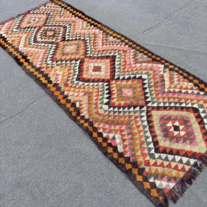 3.2x8 ft Vintage Kilim Turkish Rug <b>Red</b> Polka Dot Patchwork <b>Wool</b> Eco-Friendly Rug with Latex Backing - Product Image 4