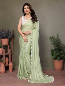 Summer Collection Perfect <b>Satin</b> Saree with Embroidery Work <b>Blouse</b> and Pum Pum Lace Plain Design for Adults - Product Image 6