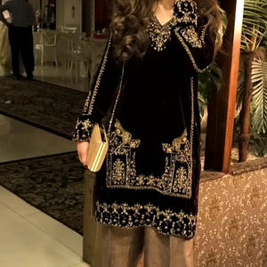 2024 Latest Stunner Elegant Black <b>Velvet</b> Kurta Pant <b>Dress</b> Embellished Dabkapearls Stone Work Wedding-Party Wear Lace Button - Product Image 1