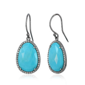 ต่างหูเพชรแท้ประดับพลอยเทอร์ควอยซ์เงินแท้ 925 ดีไซน์เก๋ แบบห้อย ขายส่ง - Product Image 2