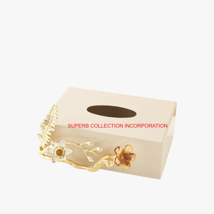 Caja de pañuelos de Metal con acabado dorado de calidad Superior con diseño de hojas Mesa de último diseño Caja de pañuelos de Metal decorativa Servilletero - Product Image 5