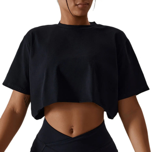 Venta al por mayor mujeres camiseta algodón mujeres manga corta deportes correr ropa Yoga Fitness Crop Top gimnasio entrenamiento camisetas - Product Image 1