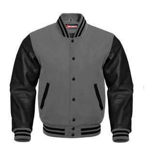 Good Work parches bordados Unisex Sport Varsity Jacket/chaqueta Varsity con cuello de cuero real blanco y lana gris oscuro para hombre - Product Image 3