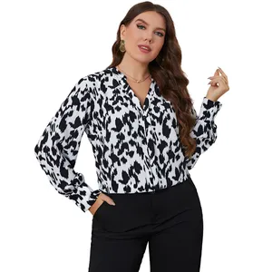 Kemeja wanita bergaya kualitas terbaik blus wanita kemeja kemeja pakaian cetak macan tutul kustom dicelup hitam dan putih