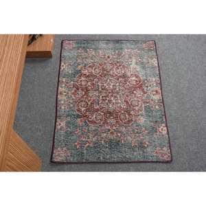 Tapis en laine patchwork rouge et bleu turc vintage 2x2,8 pieds style bohème tissage plat avec support en latex pour décorations de salon - Product Image 1