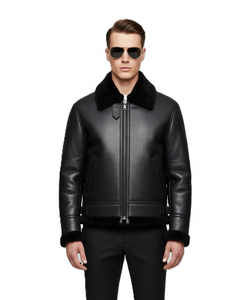 Blouson aviateur homme en cuir de vachette shearling de haute qualité, nouveau modèle 2026, col montant, logo frontal, manches longues - Product Image 3