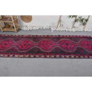 Alfombra de lana tradicional rosa púrpura 3,1X10,4 pies geométrico Vintage diseño turco Patchwork 3D decoraciones para sala de estar látex - Product Image 3
