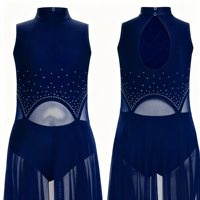 Neues Dunkelblaues Ärmelloses Latein-Tanzkleid-Set für Erwachsene Bühnenauftritt Lyrisches Chiffon-Spitzen-Quasten-Empire-Taille-Ballkleid