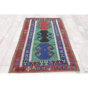 4.1x6 ft Area Vintage Rug, Turkish Rug, <b>Red</b> Blue Moroccan <b>Wool</b> Rug - Product Image 1