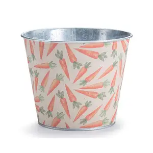 Galvanized Round Planter Tin Pot Cover With Printed Carrots on Linen Overlay Colour For Home Garden & Living Room Decor in Bulk