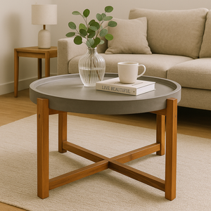 Table basse industrielle en béton avec pieds en bois d'acacia, design moderne, rangement, meuble durable pour salon - Product Image 2
