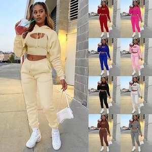 Ensemble deux pièces pour femme, sweat à capuche doublé en polaire, pantalon à cordon, veste, manches longues, décontracté, uni, automne - Product Image 6