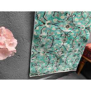 Vintage <b>Runner</b> Rug, 2x5.7 ft Turkish Rug, <b>Green</b> Striped Wool Rug - Product Image 4