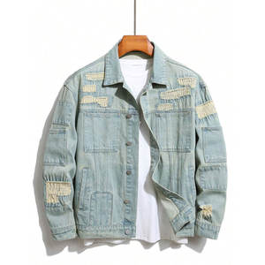 Veste en jean ample bleue pour hommes, vêtements d'extérieur décontractés à simple boutonnage, motif d'hiver respirant, décoration, finition lavée - Product Image 1