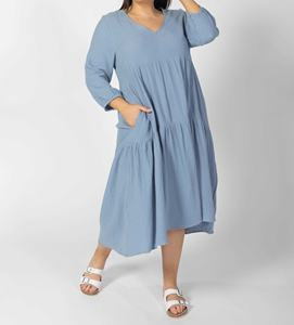 Women's Solid Color V-Neck Midi Dress <b>Three</b> Quarter Sleeve Loose Fit With Pockets Casual Summer Dress - Product Image 6